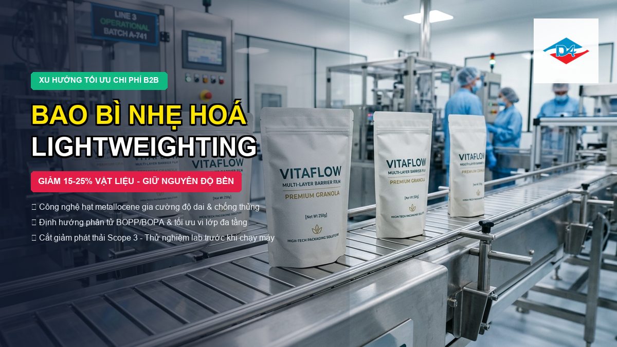 Bao bì nhẹ hoá lightweighting giảm độ dày micron vật liệu tối ưu chi phí bao bì Đông Âu Packing