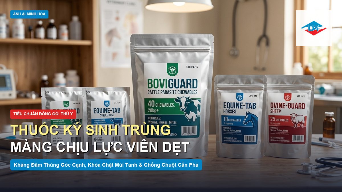 Bao bì thuốc ký sinh trùng thú y viên dẹt lớn màng ghép chịu lực kháng đâm thủng khóa mùi Đông Âu Packing