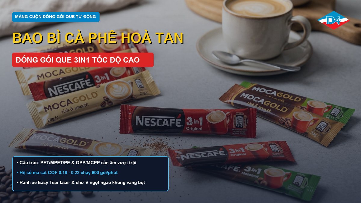 Bao bì cà phê hoà tan màng cuộn đóng gói que 3in1 tốc độ cao