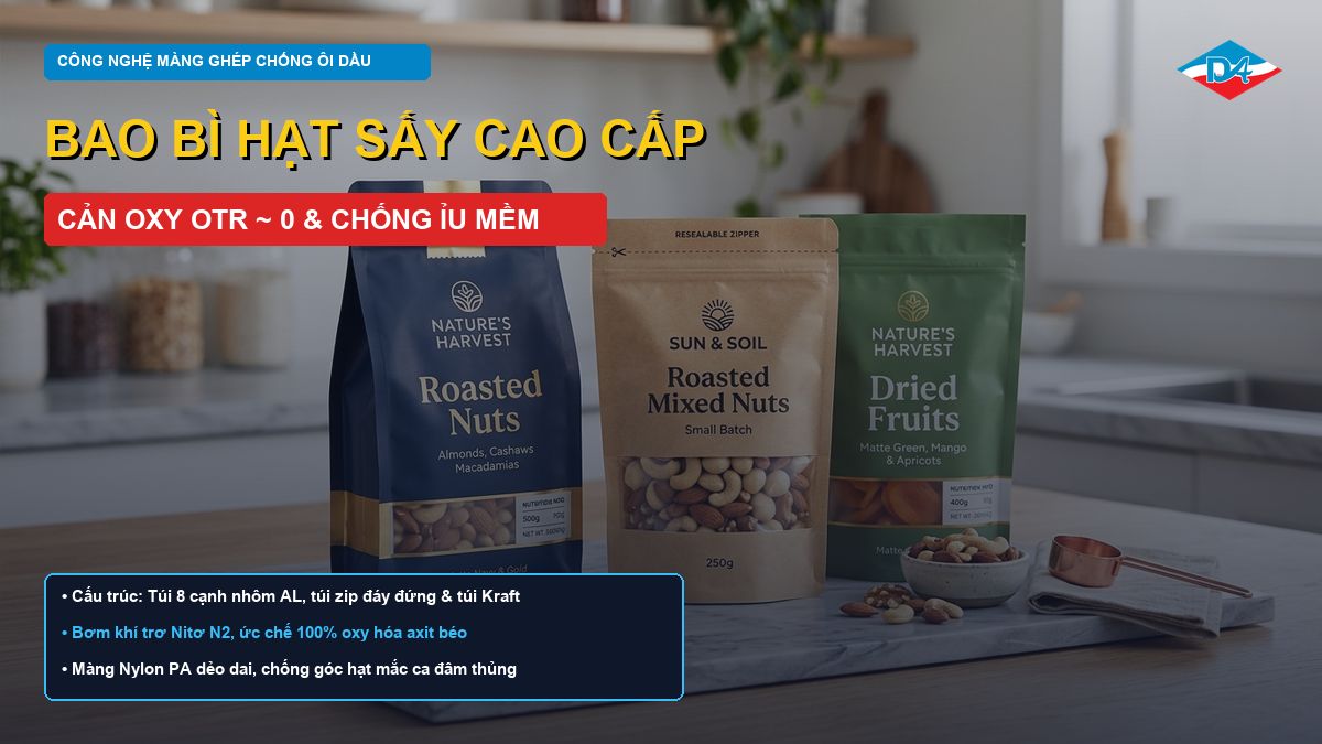 Bao bì hạt sấy hạt dinh dưỡng cao cấp màng ghép chống ôi dầu và hút ẩm