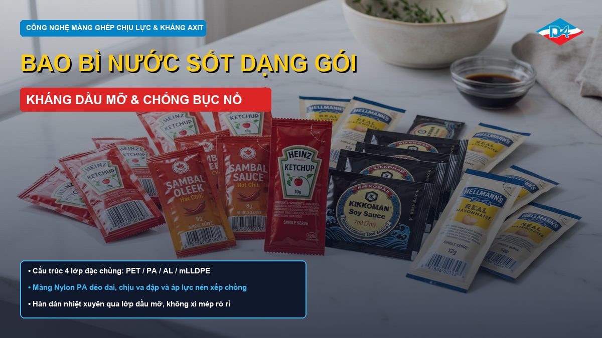 Bao bì nước sốt dạng gói sachet màng ghép đa lớp kháng dầu mỡ và axit