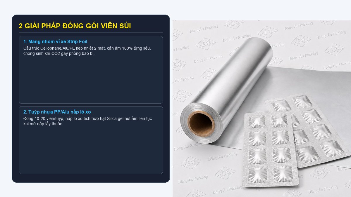 2 giải pháp đóng gói viên sủi gồm màng nhôm vỉ xé Strip Foil và tuýp nhựa nắp lò xo