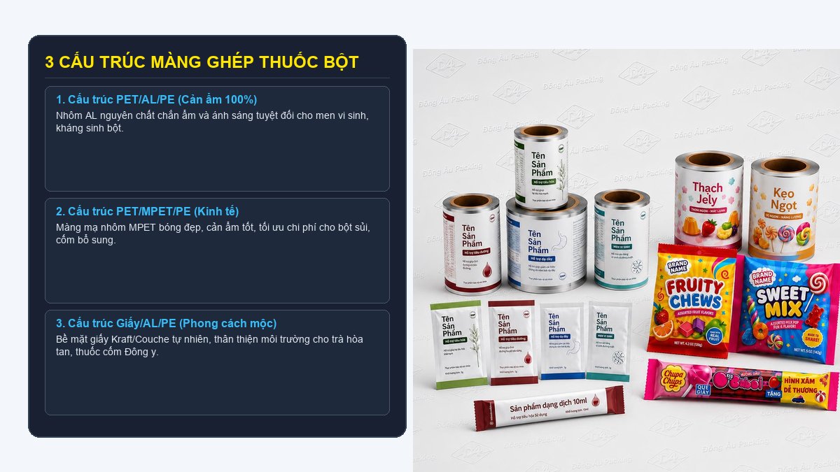 Các cấu trúc màng ghép thuốc bột gồm PET AL PE PET MPET PE và Giấy AL PE