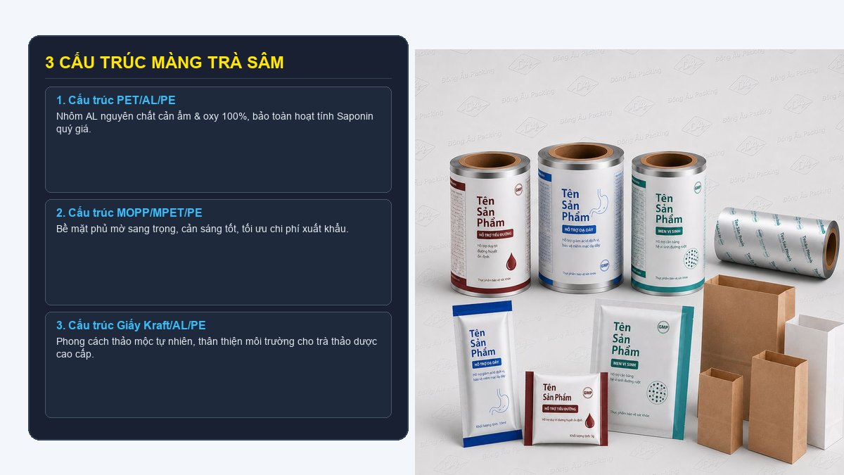 Các cấu trúc màng trà sâm gồm PET AL PE MOPP MPET PE và Giấy Kraft AL PE