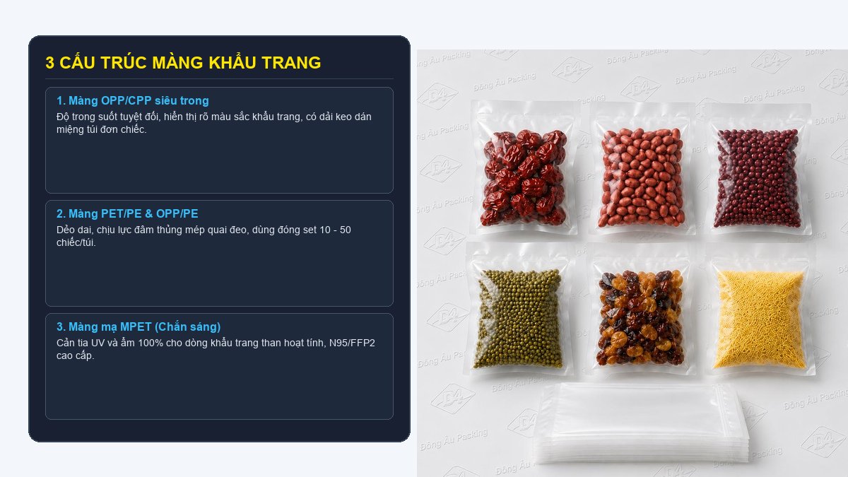 Các cấu trúc màng bao bì khẩu trang gồm OPP CPP siêu trong PET PE dẻo dai và MPET