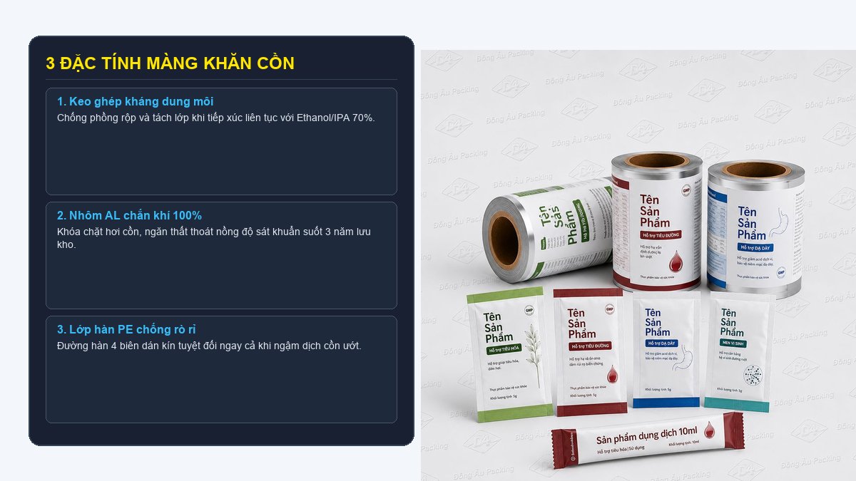 Đặc tính keo kháng dung môi nhôm AL chắn khí và lớp hàn PE chống rò rỉ màng khăn cồn