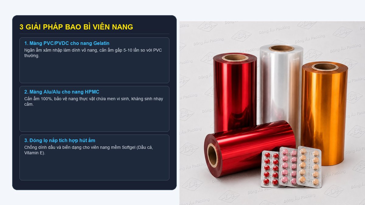 Các giải pháp bao bì viên nang gồm PVC PVDC Alu Alu và đóng lọ nắp hút ẩm
