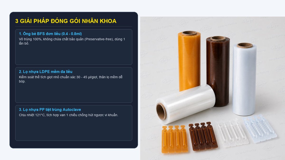 3 giải pháp đóng gói nhãn khoa gồm ống bẻ BFS đơn liều lọ LDPE và lọ PP tiệt trùng