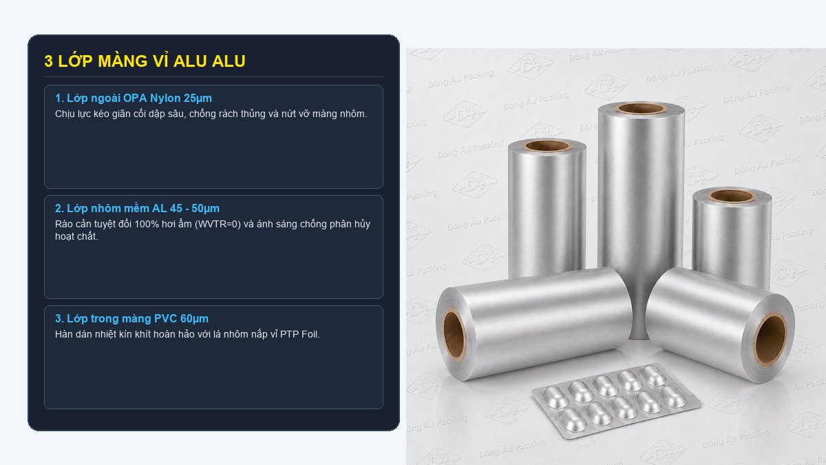 Cấu tạo 3 lớp OPA Nylon nhôm AL Foil rào cản tuyệt đối và lớp PVC hàn nhiệt