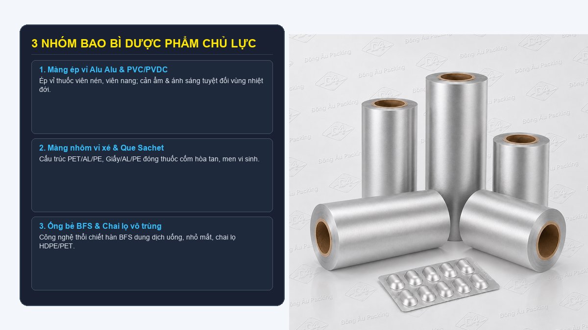Các loại bao bì dược phẩm thực tế gồm màng ép vỉ Alu Alu vỉ xé và ống bẻ BFS Đông Âu Packing