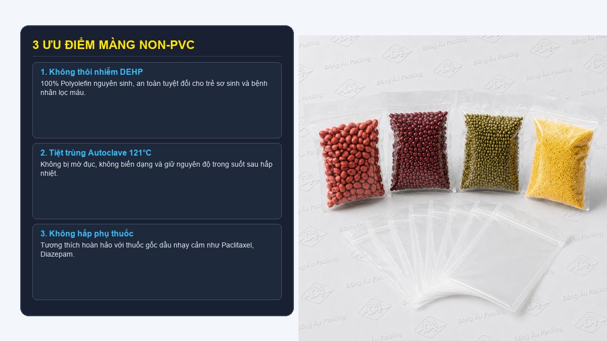 Ưu điểm màng Non-PVC không thôi nhiễm DEHP chịu nhiệt 121 độ C và không hấp phụ thuốc