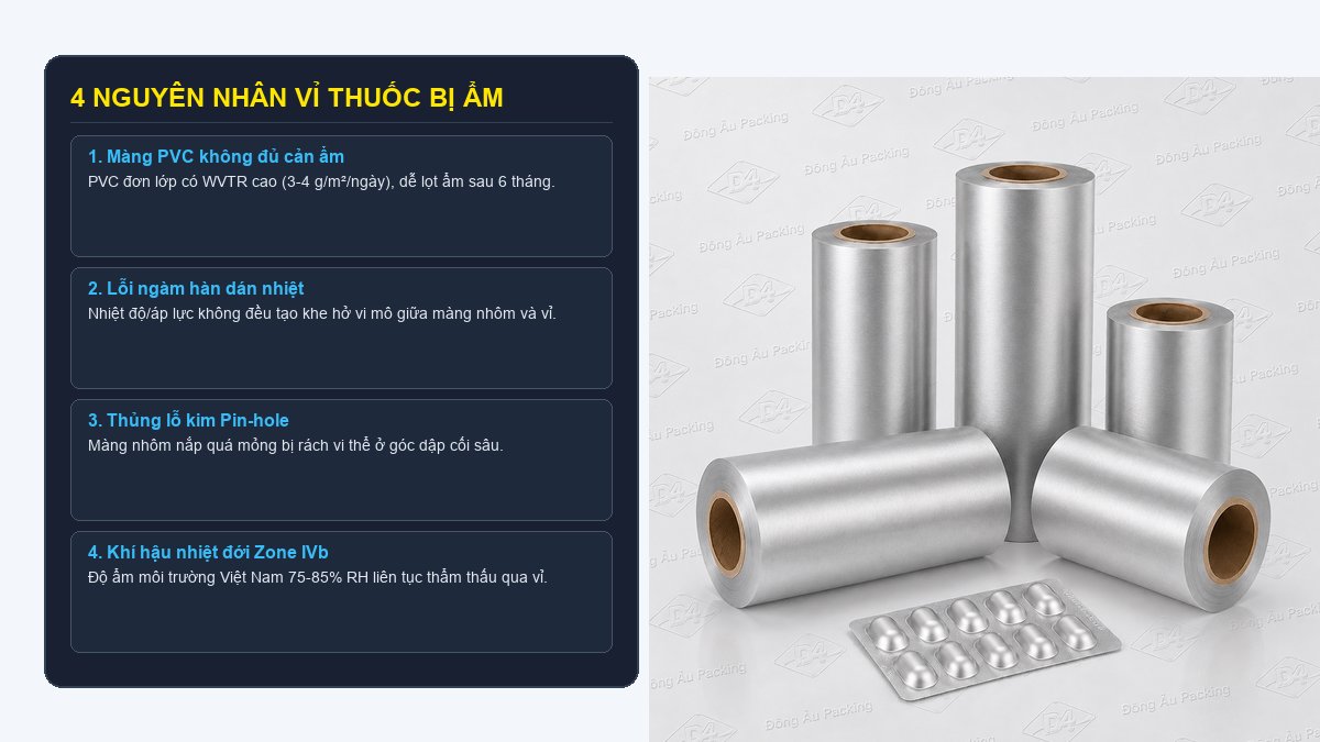 4 nguyên nhân vỉ thuốc bị ẩm gồm màng PVC lỗi ngàm nhiệt thủng lỗ kim và khí hậu Zone IVb