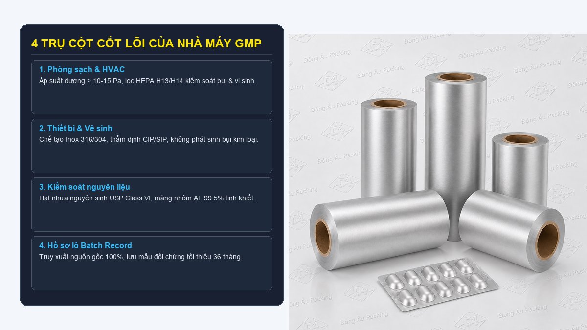4 trụ cột nhà máy bao bì chuẩn GMP gồm phòng sạch thiết bị nguyên liệu và hồ sơ lô