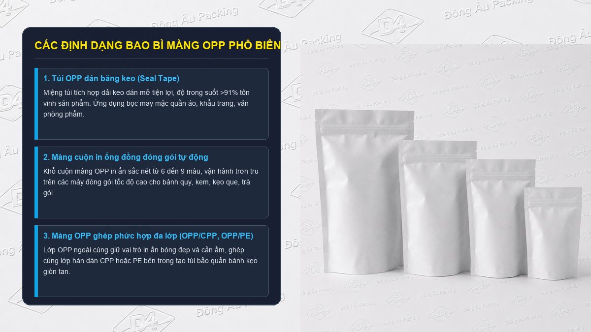 Các định dạng bao bì màng OPP thực tế gồm túi dán băng keo túi zipper màng ghép và màng cuộn đóng gói