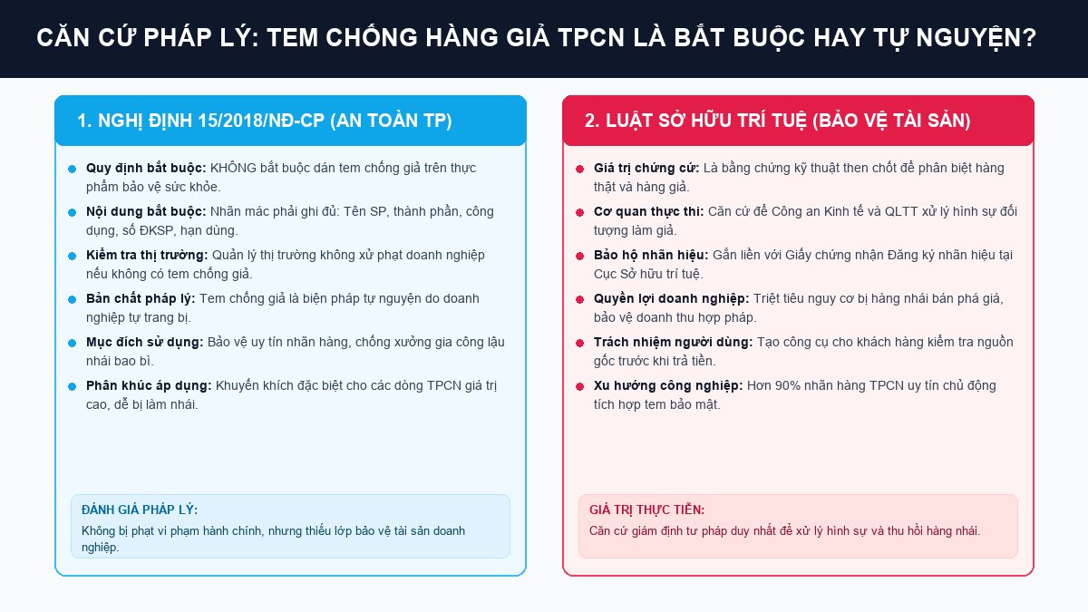 Căn cứ pháp lý tem chống hàng giả TPCN theo Nghị định 15 và Luật Sở hữu trí tuệ Bảng so sánh căn cứ pháp lý quy định tem chống hàng giả TPCN bắt buộc hay tự nguyện