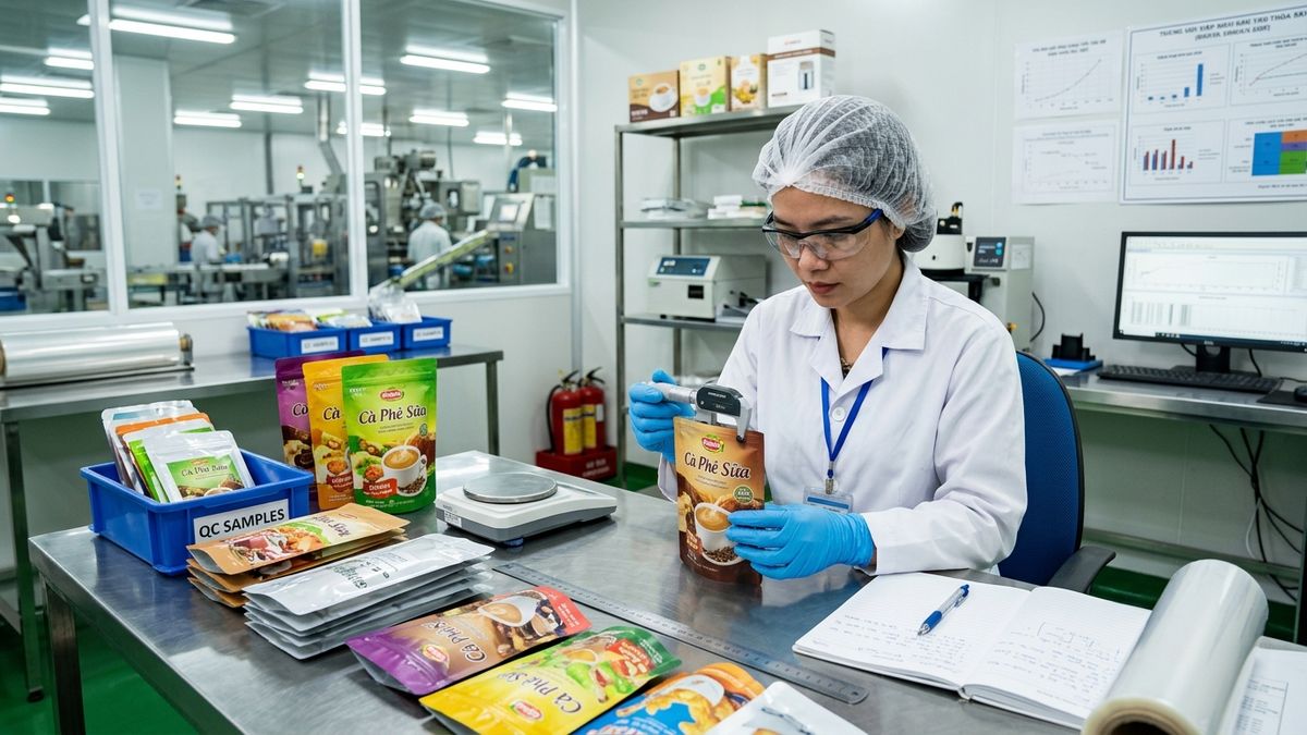 Chuyên viên KCS kiểm tra độ dày và độ kín mép hàn túi màng ghép bằng panme kỹ thuật số