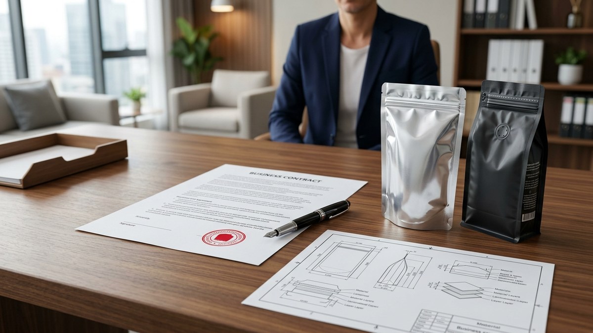 Hồ sơ hợp đồng kinh tế và bản vẽ kỹ thuật CAD bao bì màng ghép trên bàn làm việc