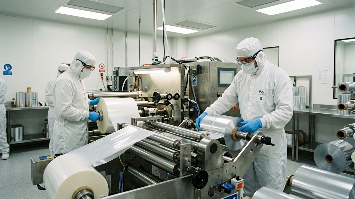 Kỹ thuật viên mặc đồ bảo hộ vô trùng ISO 8 thao tác vận hành cuộn màng nhôm y tế