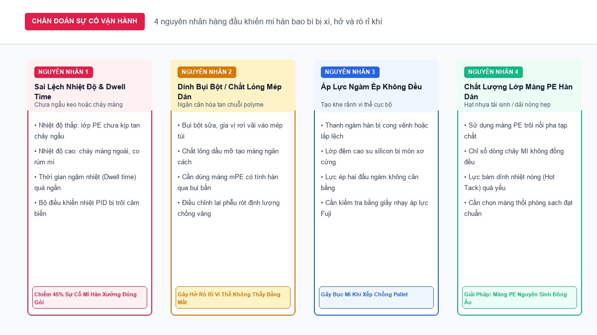 Sơ đồ 4 nguyên nhân hàng đầu khiến mí hàn bao bì bị hở sai lệch nhiệt độ dính bụi bột áp lực ngàm lệch và hạt nhựa kém