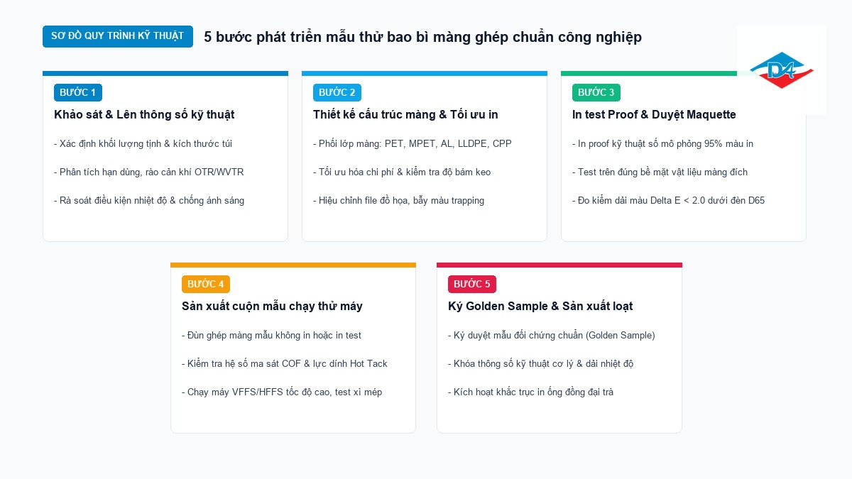 Sơ đồ 5 bước phát triển mẫu bao bì màng ghép từ khảo sát thông số kỹ thuật đến nghiệm thu Golden Sample