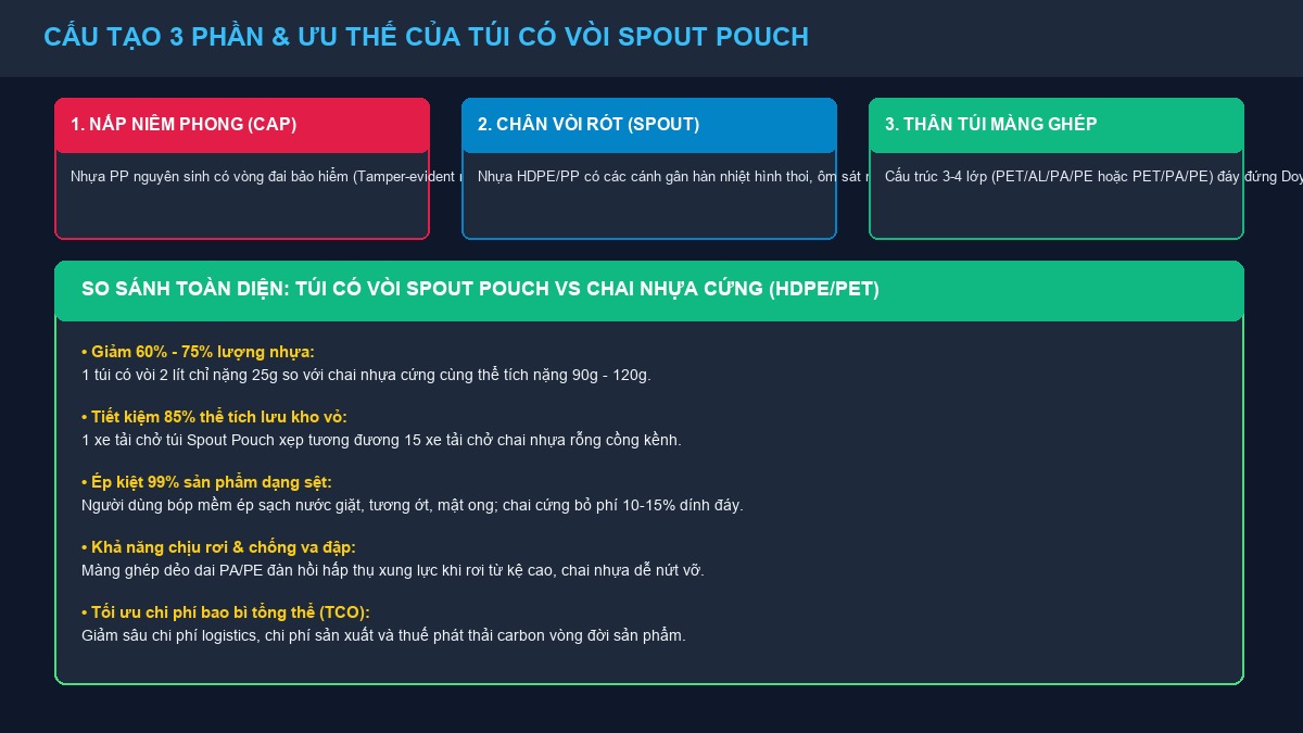 Sơ đồ cấu tạo 3 thành phần hoàn chỉnh nắp niêm phong chân vòi và thân túi màng ghép