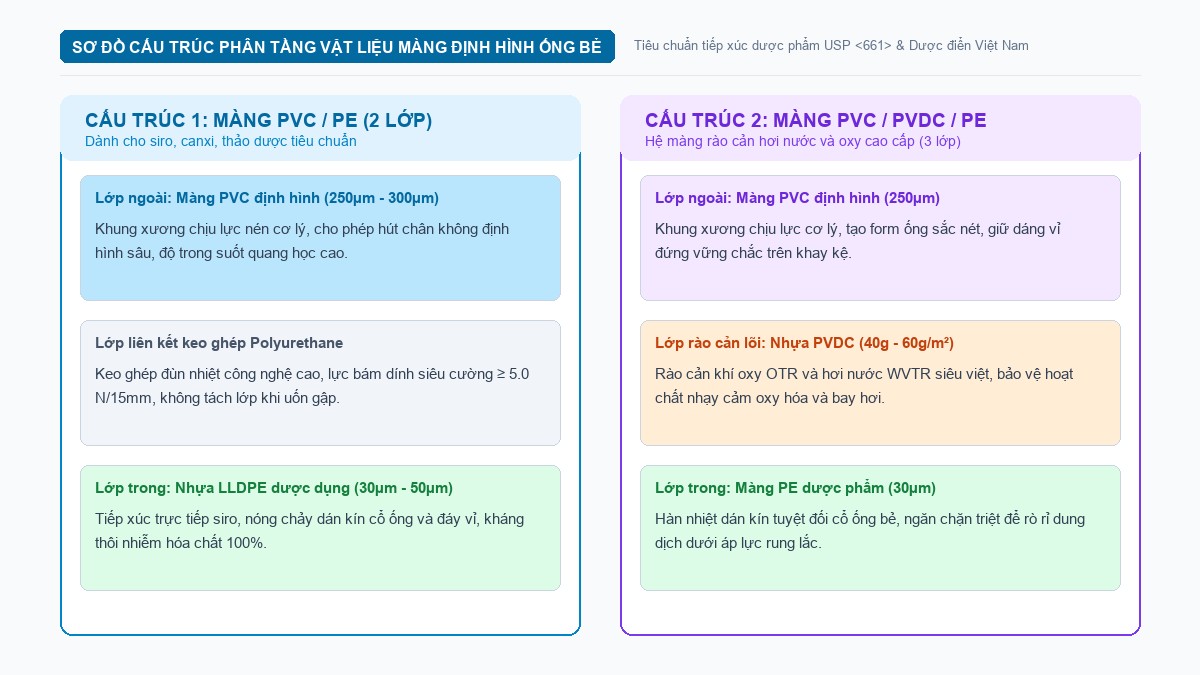 Sơ đồ cấu trúc màng định hình nhiệt PVC PE và PVC PVDC PE đóng ống bẻ thực phẩm chức năng