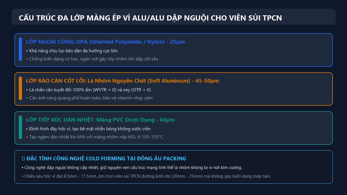 Sơ đồ cấu trúc đa lớp màng ép vỉ Alu Alu dập nguội cho viên sủi TPCN