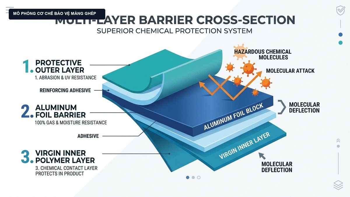 Sơ đồ kỹ thuật cơ chế phân tử dung môi hữu cơ thẩm thấu gây trương nở polymer và hòa tan keo ghép
