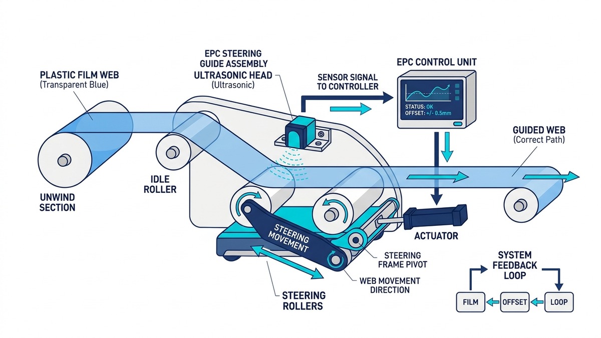 Sơ đồ nguyên lý hệ thống căn biên tự động EPC cảm biến siêu âm điều khiển con lăn bù trừ