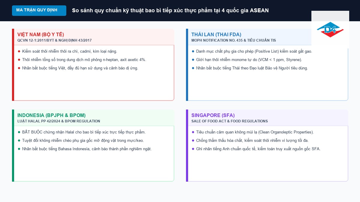 Sơ đồ ma trận đối chiếu quy chuẩn kỹ thuật bao bì thực phẩm giữa Việt Nam Thái Lan Indonesia và Singapore