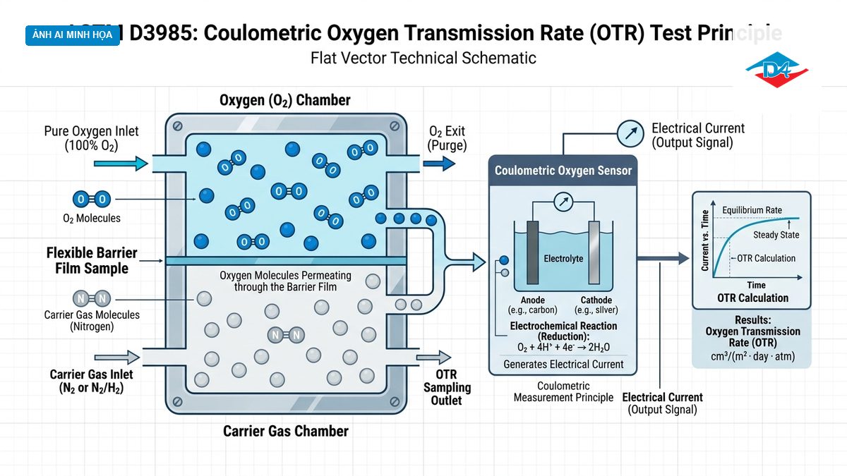 Sơ đồ nguyên lý cảm biến điện hóa Coulometric đo độ truyền oxy OTR theo tiêu chuẩn ASTM D3985
