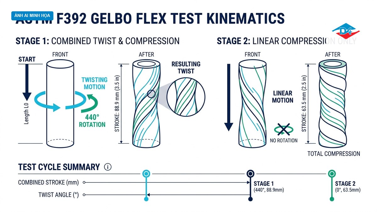 Sơ đồ nguyên lý máy thử uốn xoắn Gelbo Flex Tester kết hợp góc xoay 440 độ và nén dọc trục theo ASTM F392