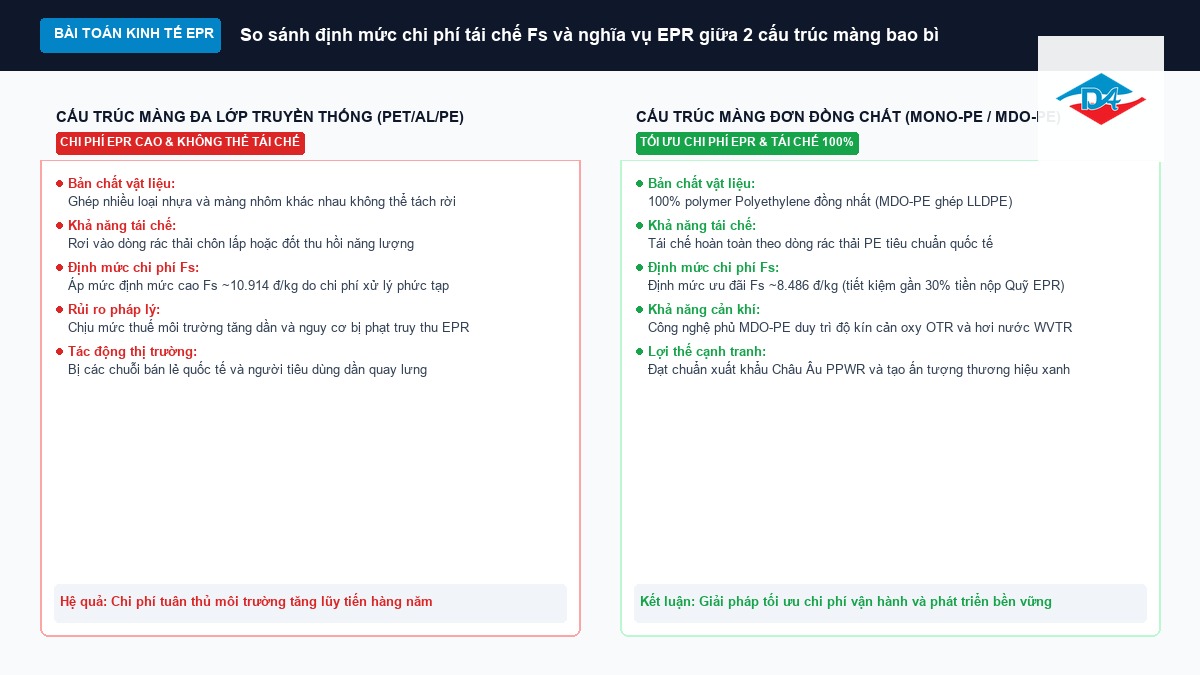 Sơ đồ so sánh định mức chi phí tái chế Fs và nghĩa vụ nộp quỹ EPR giữa màng đơn Mono-PE và màng ghép đa lớp