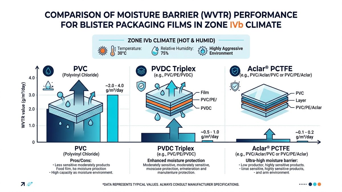 Sơ đồ so sánh tốc độ truyền hơi ẩm WVTR giữa màng PVC tráng PVDC và màng định hình cao phân tử Aclar PCTFE