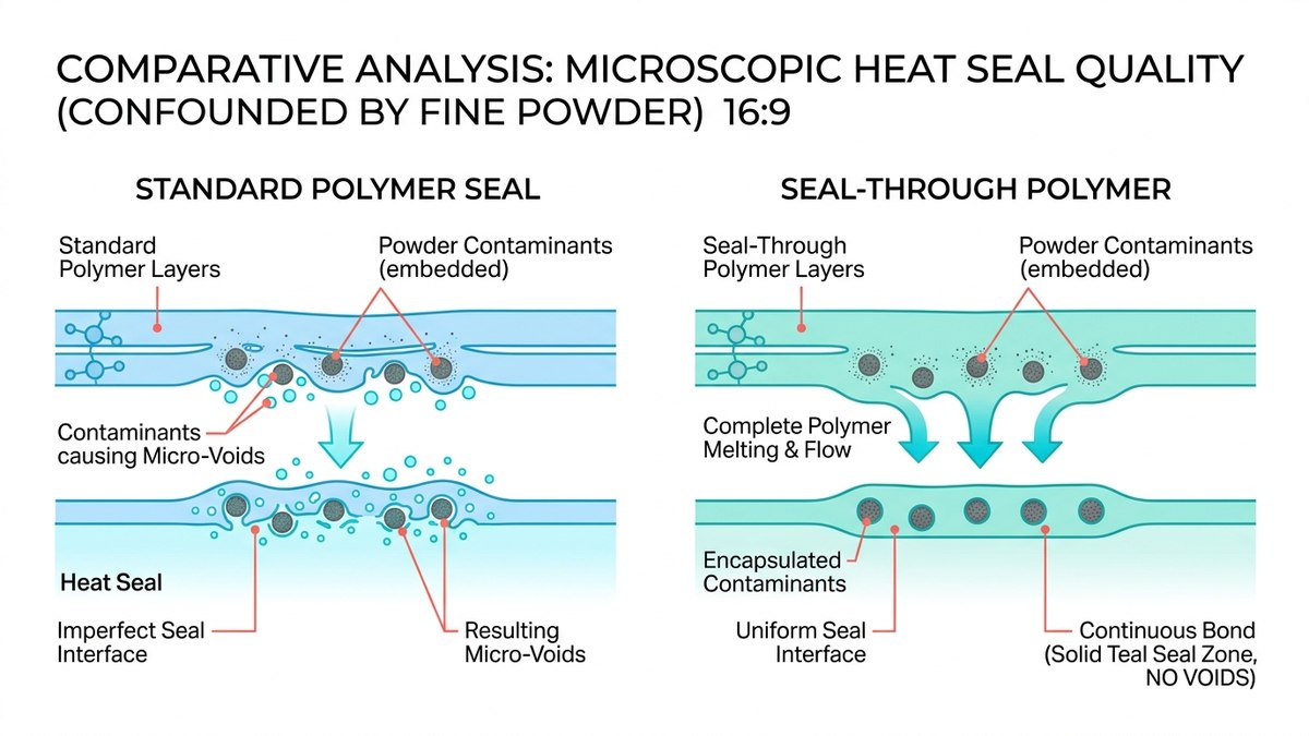 Sơ đồ cơ chế vi mô so sánh polymer thông thường để lại khe rỗng rò rỉ và polymer hàn xuyên nhiễm bẩn bao bọc dị vật