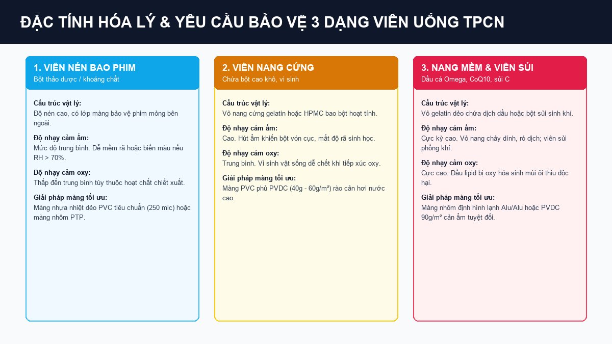 So sánh đặc tính hóa lý và yêu cầu rào cản bao bì cho viên nén nang cứng và nang mềm TPCN
