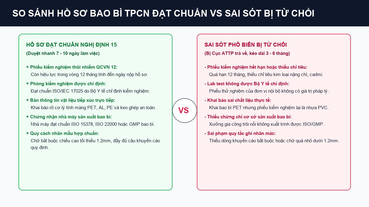 So sánh hồ sơ bao bì TPCN đạt chuẩn Nghị định 15 so với các lỗi sai sót phổ biến bị Cục An toàn thực phẩm từ chối