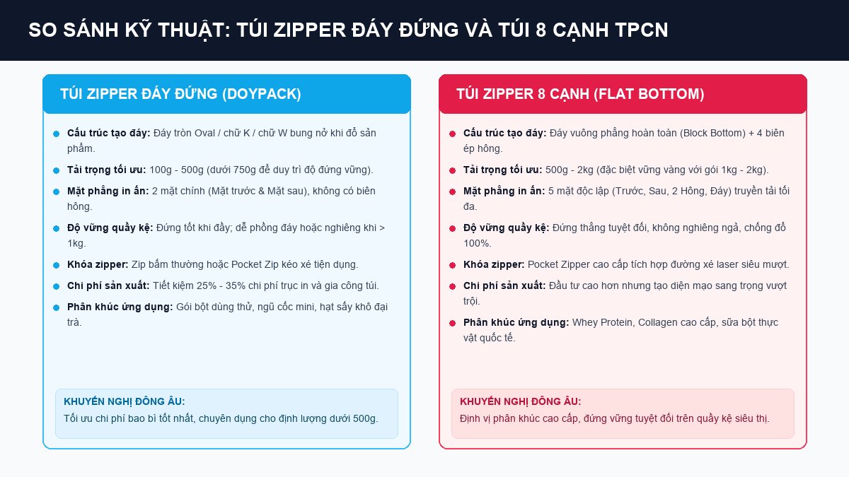 Bảng so sánh kỹ thuật trực diện giữa túi zipper đáy đứng Doypack và túi 8 cạnh đáy vuông