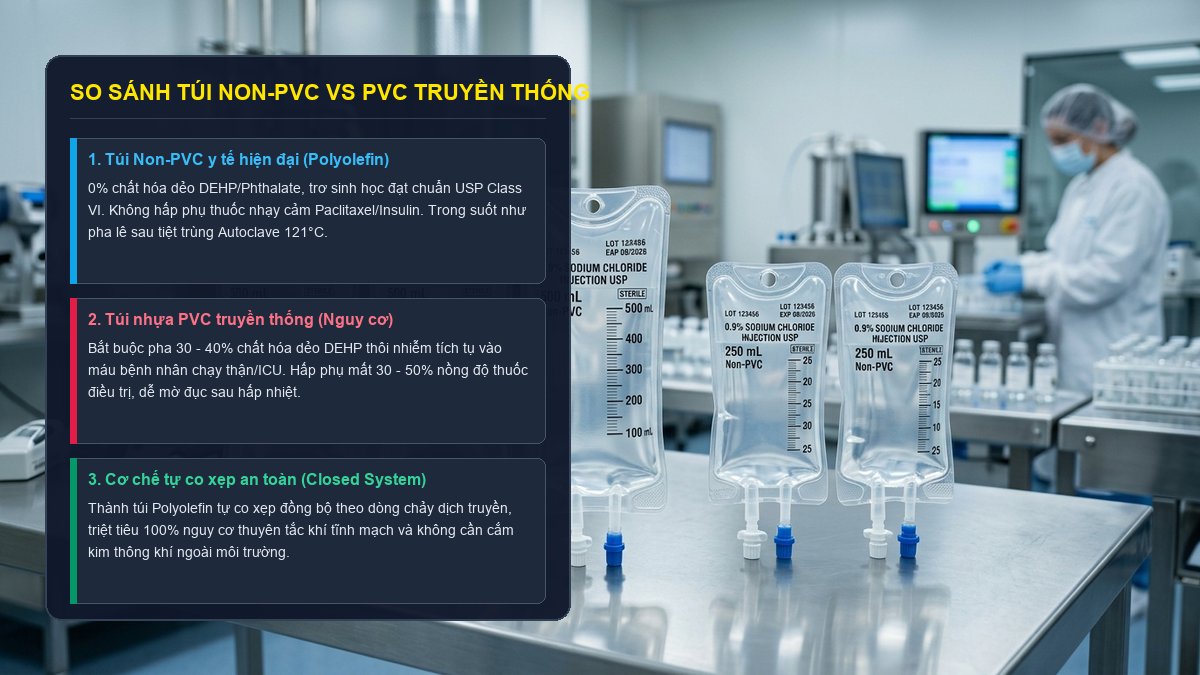 Mẫu túi dịch truyền y tế Non-PVC đa dung tích và túi PVC truyền thống chứa chất hóa dẻo DEHP