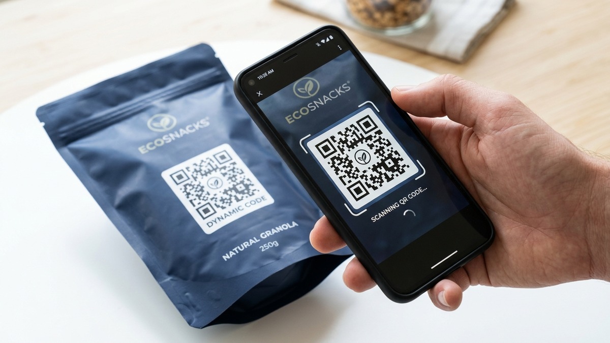 Người tiêu dùng quét mã QR động in trên túi bao bì màng ghép bằng smartphone để nhận ưu đãi