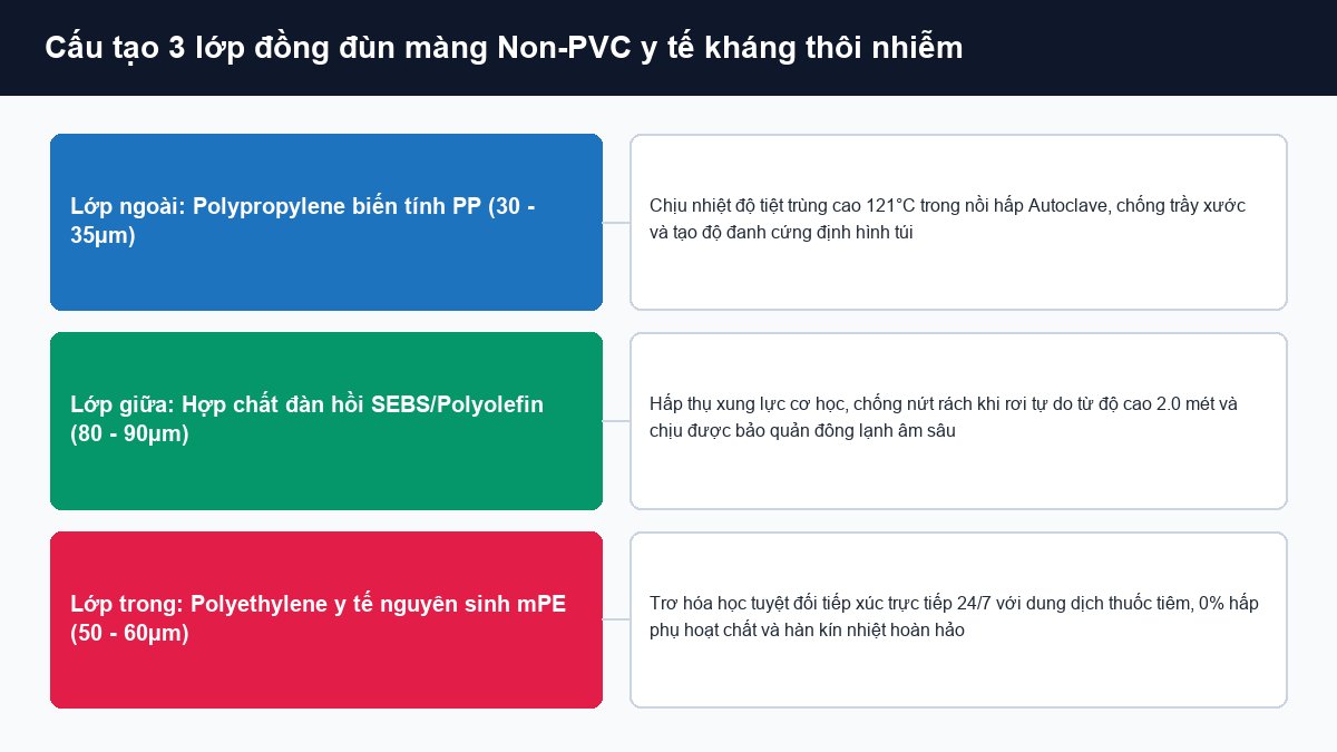 Sơ đồ cấu tạo 3 lớp đồng đùn Non-PVC lớp ngoài PP chịu nhiệt lớp giữa SEBS đàn hồi và lớp trong mPE y tế