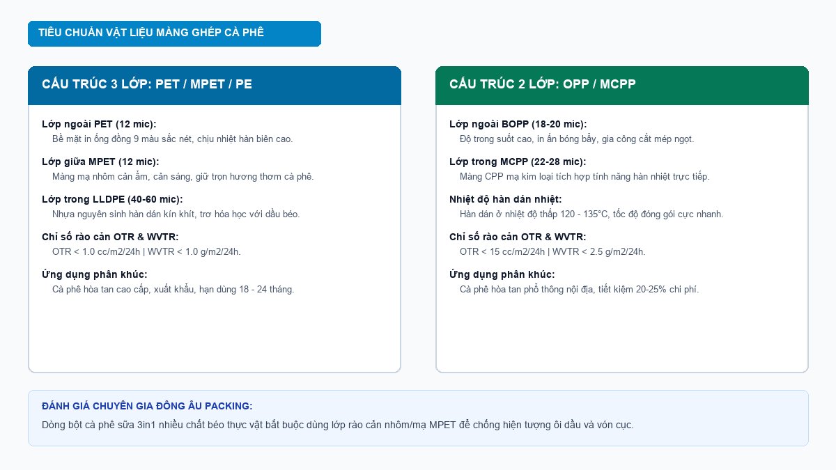 Sơ đồ cấu trúc màng cuộn bao bì cà phê hoà tan PET MPET PE và OPP MCPP