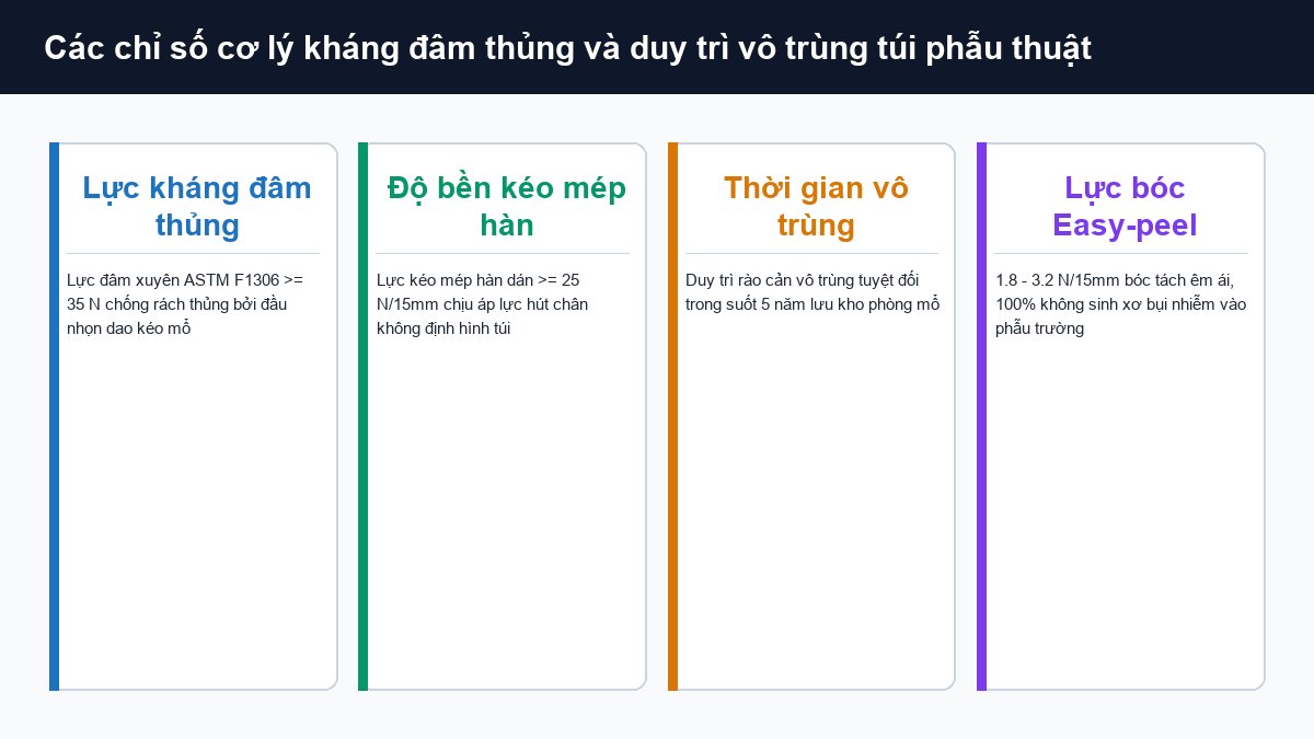 Chỉ số lực đâm xuyên lực kéo mép hàn và độ bền vô trùng 5 năm túi phẫu thuật