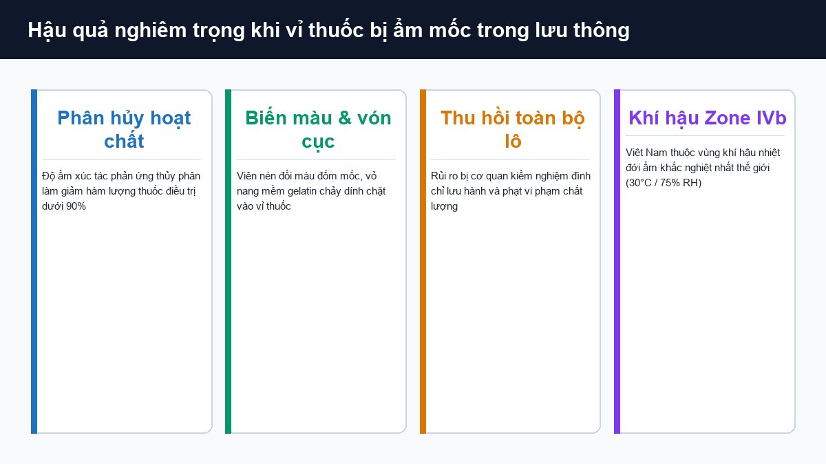Hậu quả vỉ thuốc bị ẩm phân hủy hoạt chất biến màu vón cục và nguy cơ thu hồi lô thuốc