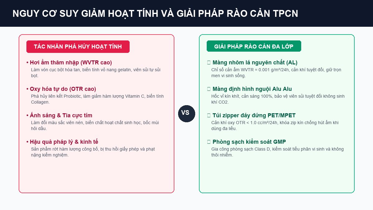 So sánh nguy cơ suy giảm hoạt tính và giải pháp bao bì rào cản bảo vệ thực phẩm chức năng