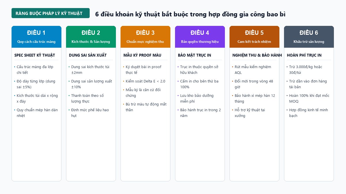 Sơ đồ 6 điều khoản kỹ thuật bắt buộc trong hợp đồng gia công bao bì màng ghép