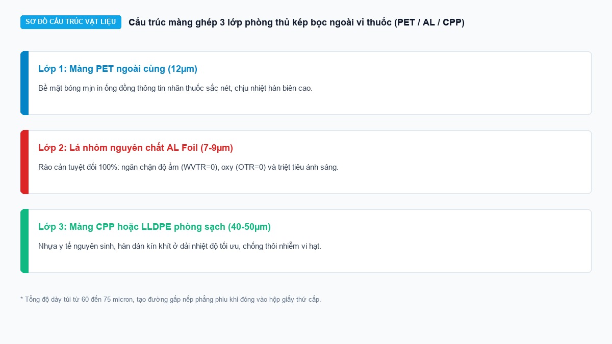 Sơ đồ cấu trúc màng ghép 3 lớp PET AL CPP rào cản độ ẩm tuyệt đối bọc ngoài vỉ thuốc