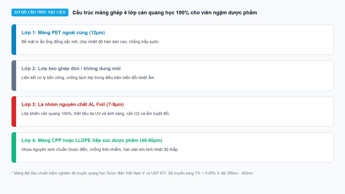 Sơ đồ cấu trúc màng ghép đa lớp PET AL PE cản quang học 100% cho viên ngậm dược phẩm
