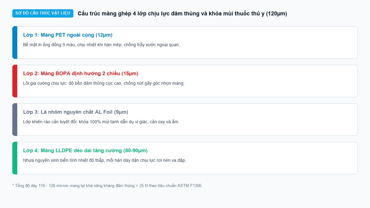 Sơ đồ cấu trúc màng ghép PET BOPA AL LLDPE dày 120 micron chịu lực va đập cho thuốc thú y