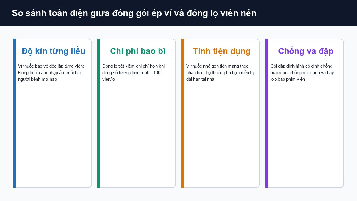 So sánh đóng gói ép vỉ và đóng lọ viên nén về độ kín chi phí và tính tiện dụng